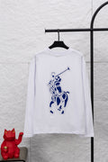 White long-sleeve T-shirt with large blue rider graphic on front