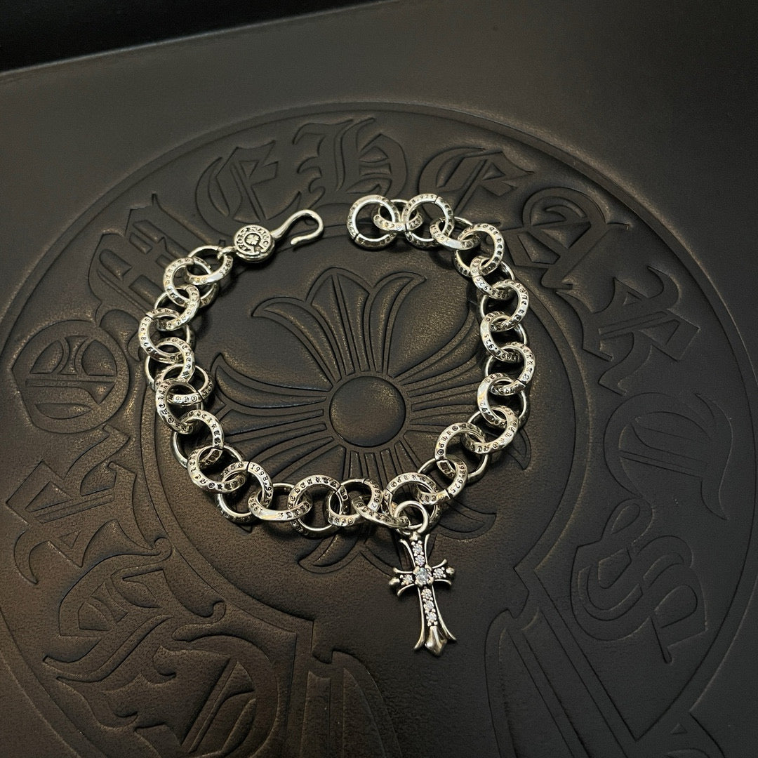 Silver-tone round-link chain bracelet with cross pendant charm