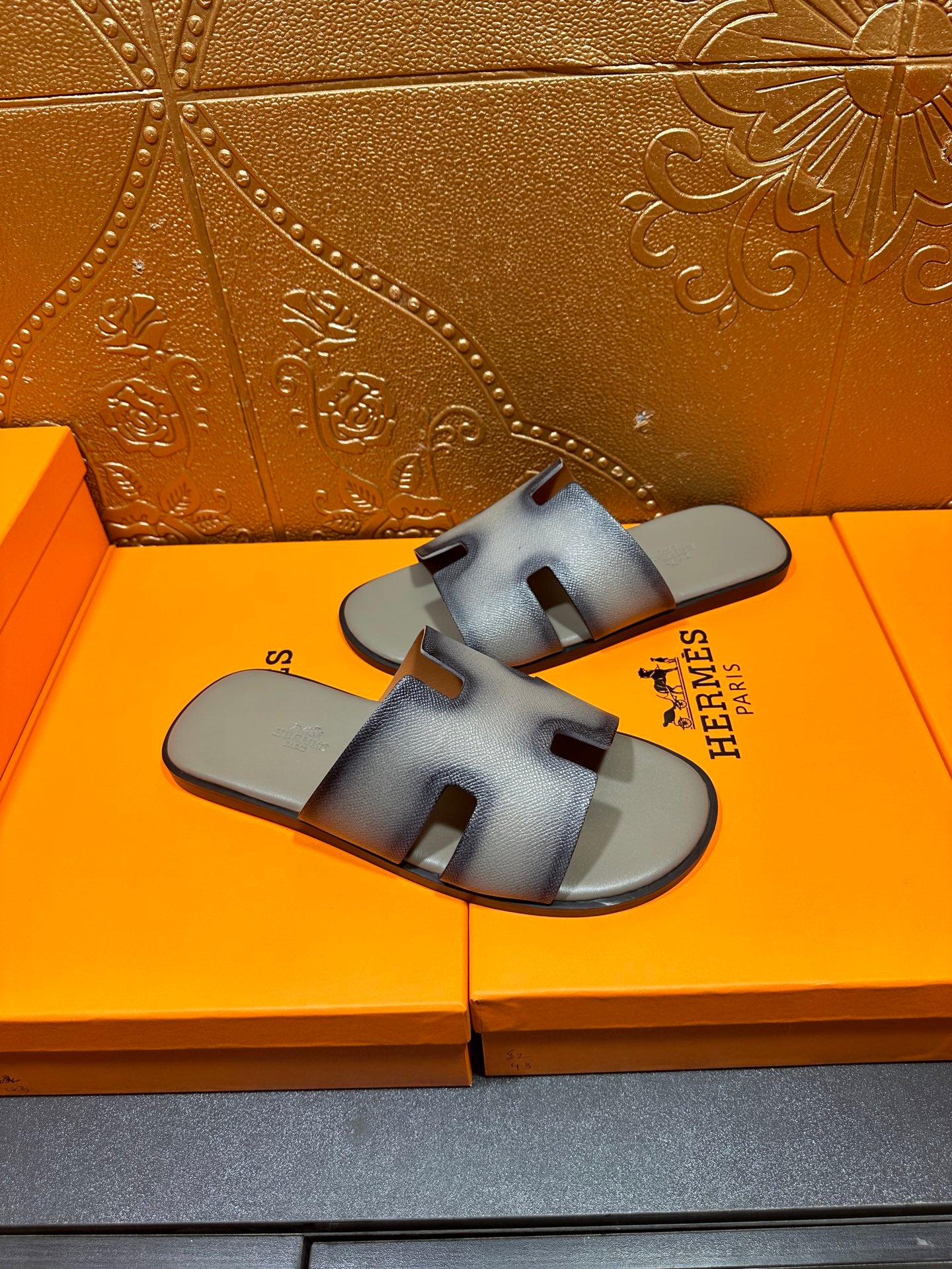 Hermes slide sandals, light blue upper with cutout front and cushioned footbed