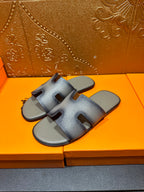Hermes slide sandals, light blue leather upper with wide toe-cutout band