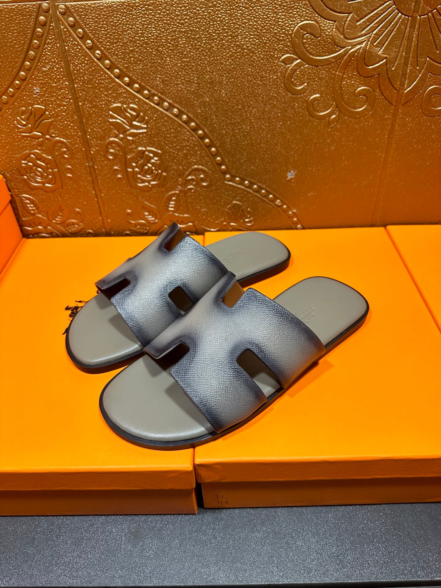 Hermes slide sandals, light blue leather upper with wide toe-cutout band