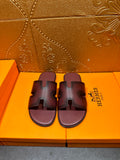 Slide sandals with textured leather straps, dark purple, buckle-style H strap