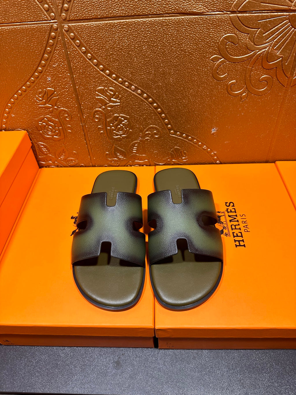 Hermes sandals with wide cross straps, dark blue-green finish, pair on box