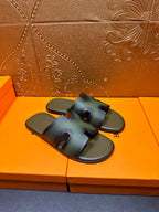 Hermes sandals with cutout cross straps, blue-green leather, on shoebox