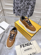 Fendi unisex sneakers in tan with dark laces, textured white midsole and logo tag