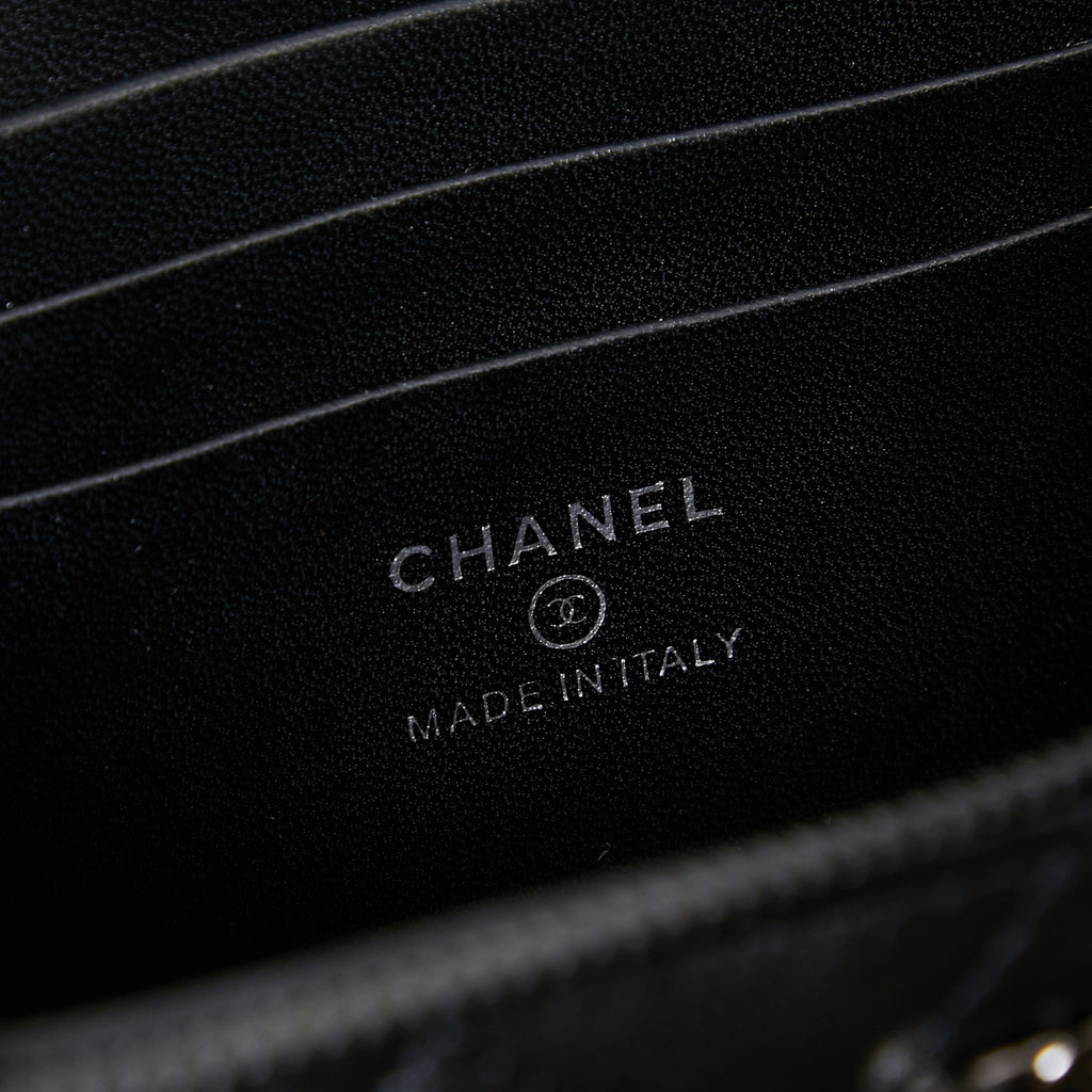 Chanel leather bag interior stamp reading CHANEL and MADE IN ITALY