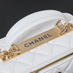 White quilted strap lining with gold CHANEL branding bar