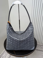 Goyard patterned hobo bag with top handles, blue-gray canvas and orange accent tab