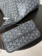 Goyard patterned pouch and hobo bag set, blue-gray canvas with snap closure