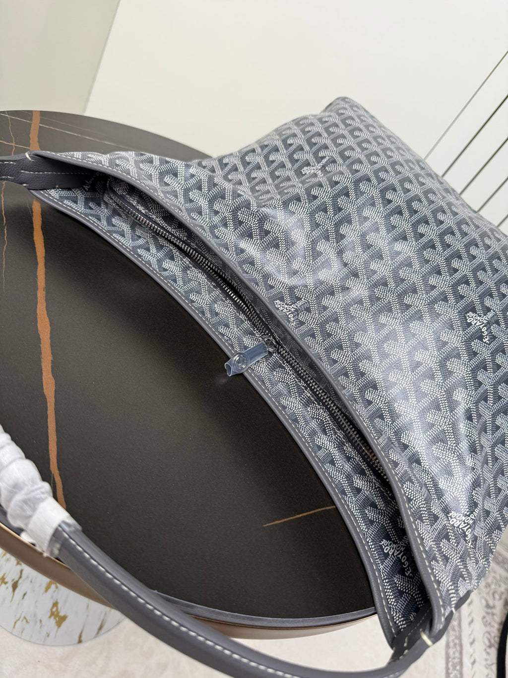 Goyard patterned hobo bag with zip opening, blue-gray canvas and interior lining