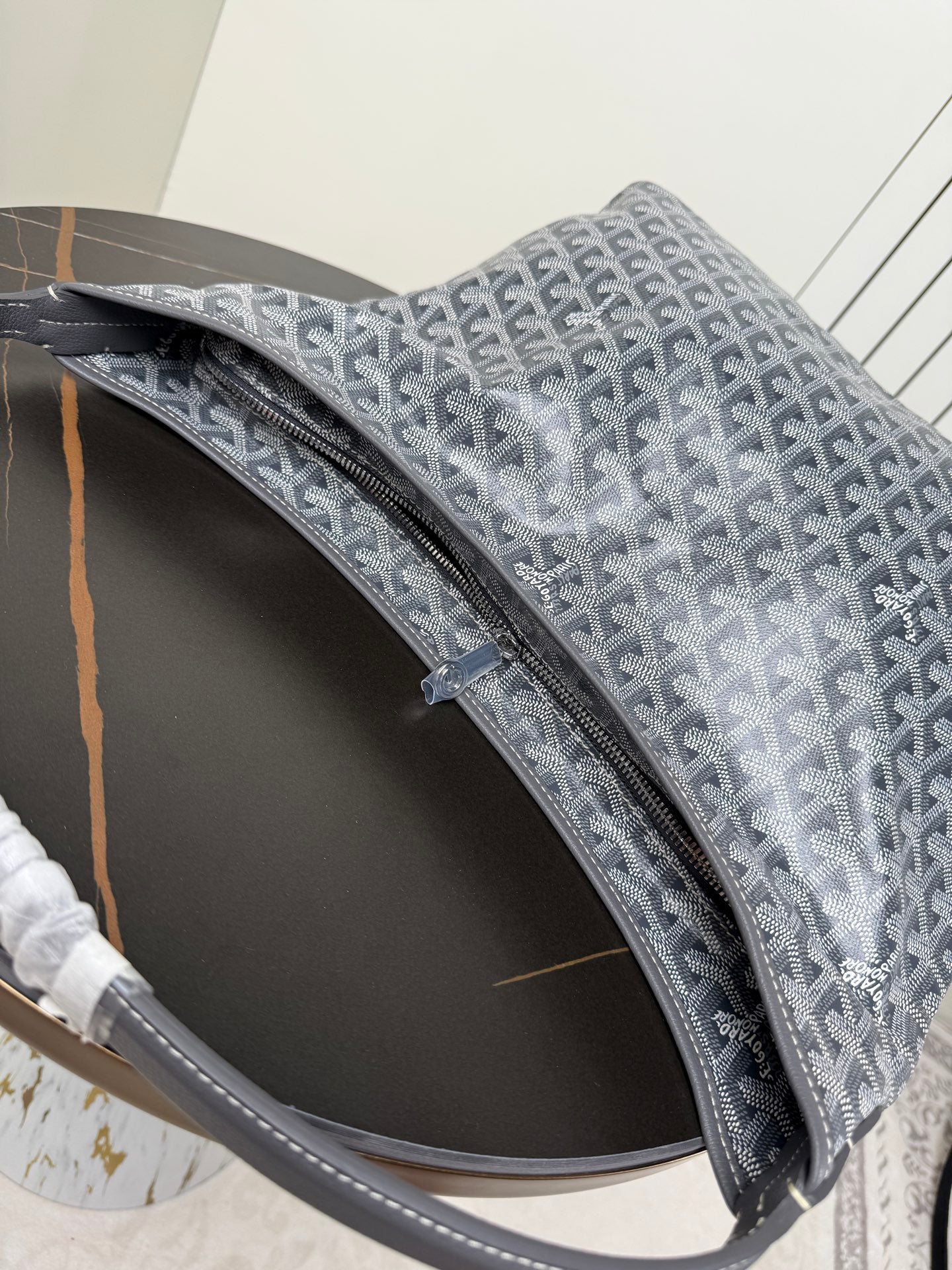 Goyard patterned hobo bag with zip opening, blue-gray canvas and interior lining
