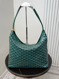 Goyard teal hobo shoulder bag with wide handles and patterned Goyardine fabric.