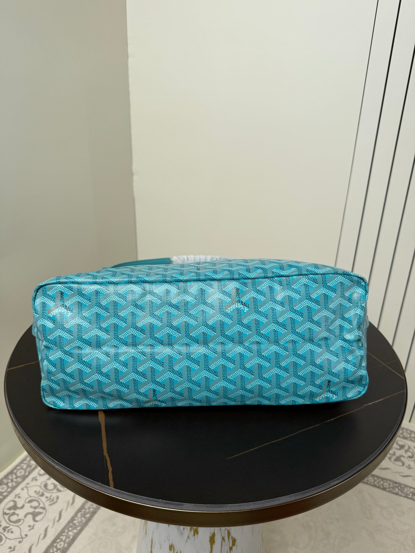 Goyard teal monogram hobo bag, back view with smooth top edge
