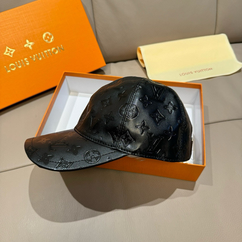 Louis Vuitton monogram baseball cap, black embossed leather, side view