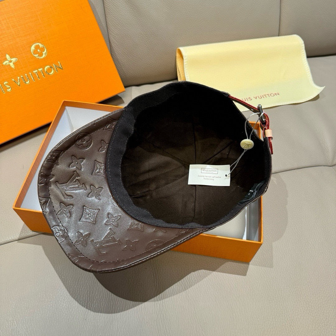 Louis Vuitton cap, dark monogram leather with interior lining visible and curved brim