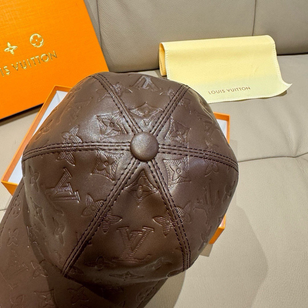Louis Vuitton cap, dark brown monogram embossed front with central button and topstitching