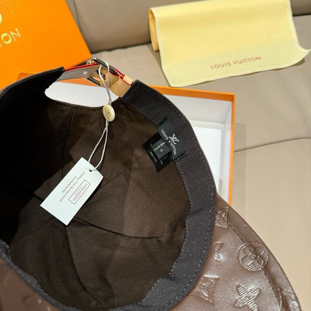Louis Vuitton cap in dark monogram texture, black curved brim with adjustable strap and tags