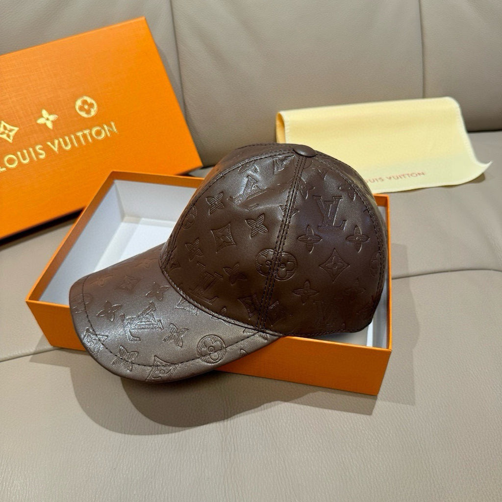 Louis Vuitton cap, dark brown monogram pattern with curved brim and stitched panels
