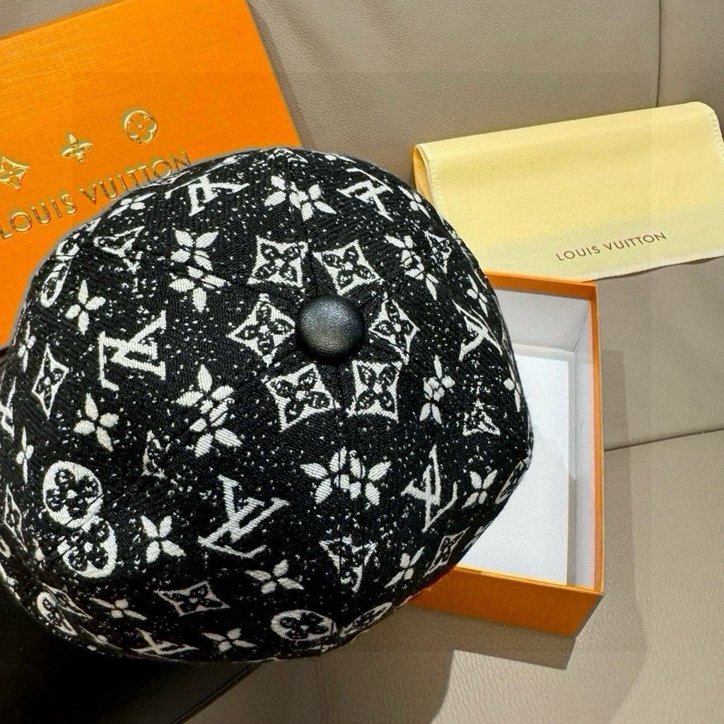 Monogram-print black baseball cap with round top button and curved brim