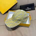 Fendi logo cap with light yellow and gray geometric FF pattern, brim angled