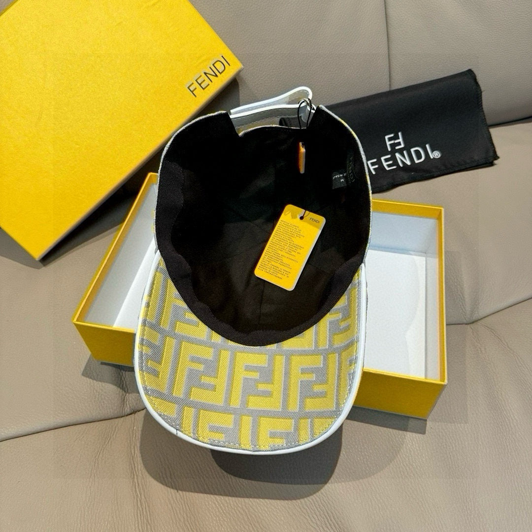 Fendi cap with light yellow and gray FF pattern, open top showing interior