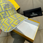 Fendi cap in light yellow and gray FF pattern with stitched brim edge detail