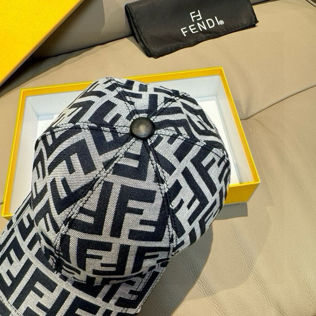 Black and white FF monogram baseball cap with buttoned crown detail.