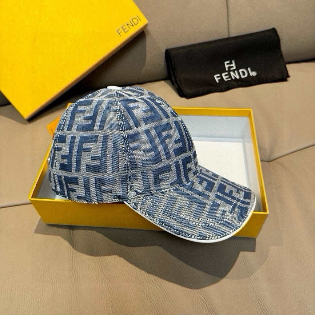 Blue Fendi FF baseball cap, angled side with curved brim and front button