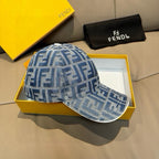 Blue Fendi FF baseball cap, angled side with curved brim and front button