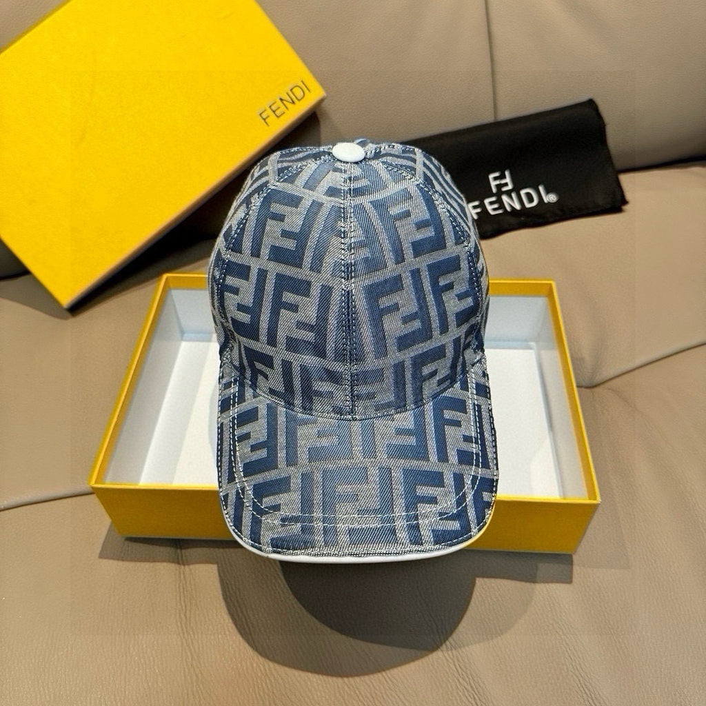 Blue denim baseball cap with white button and FENDI FF logo pattern