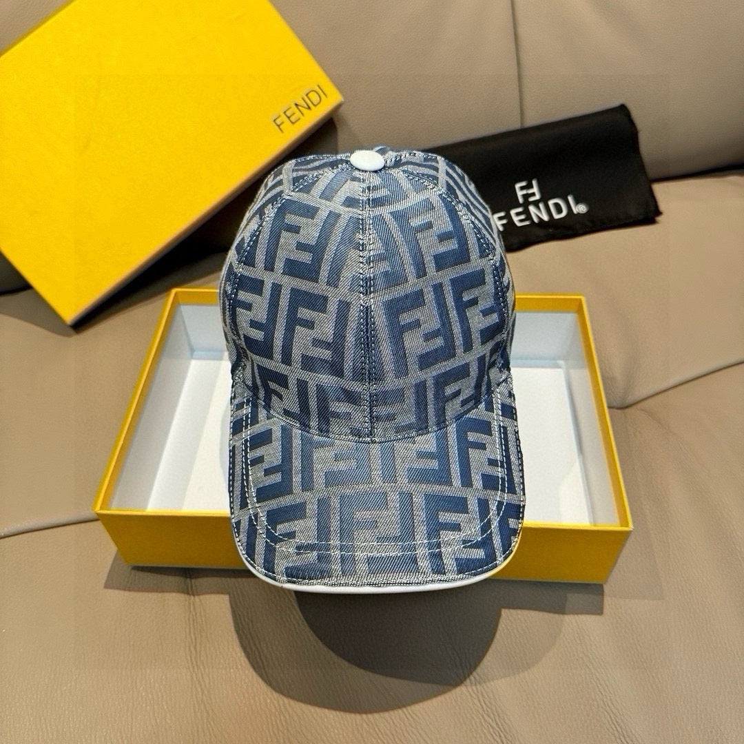Blue denim baseball cap with white button and FENDI FF logo pattern
