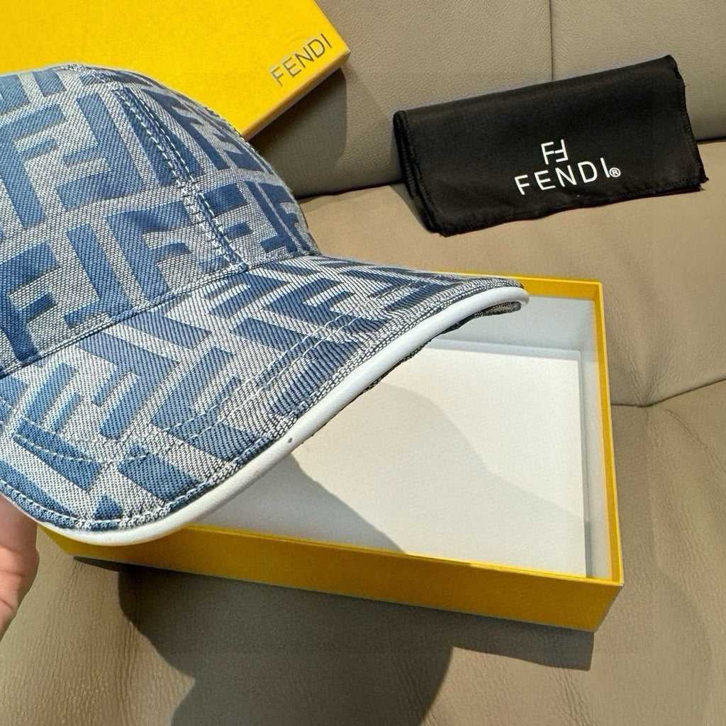Blue Fendi FF baseball cap brim detail showing woven pattern