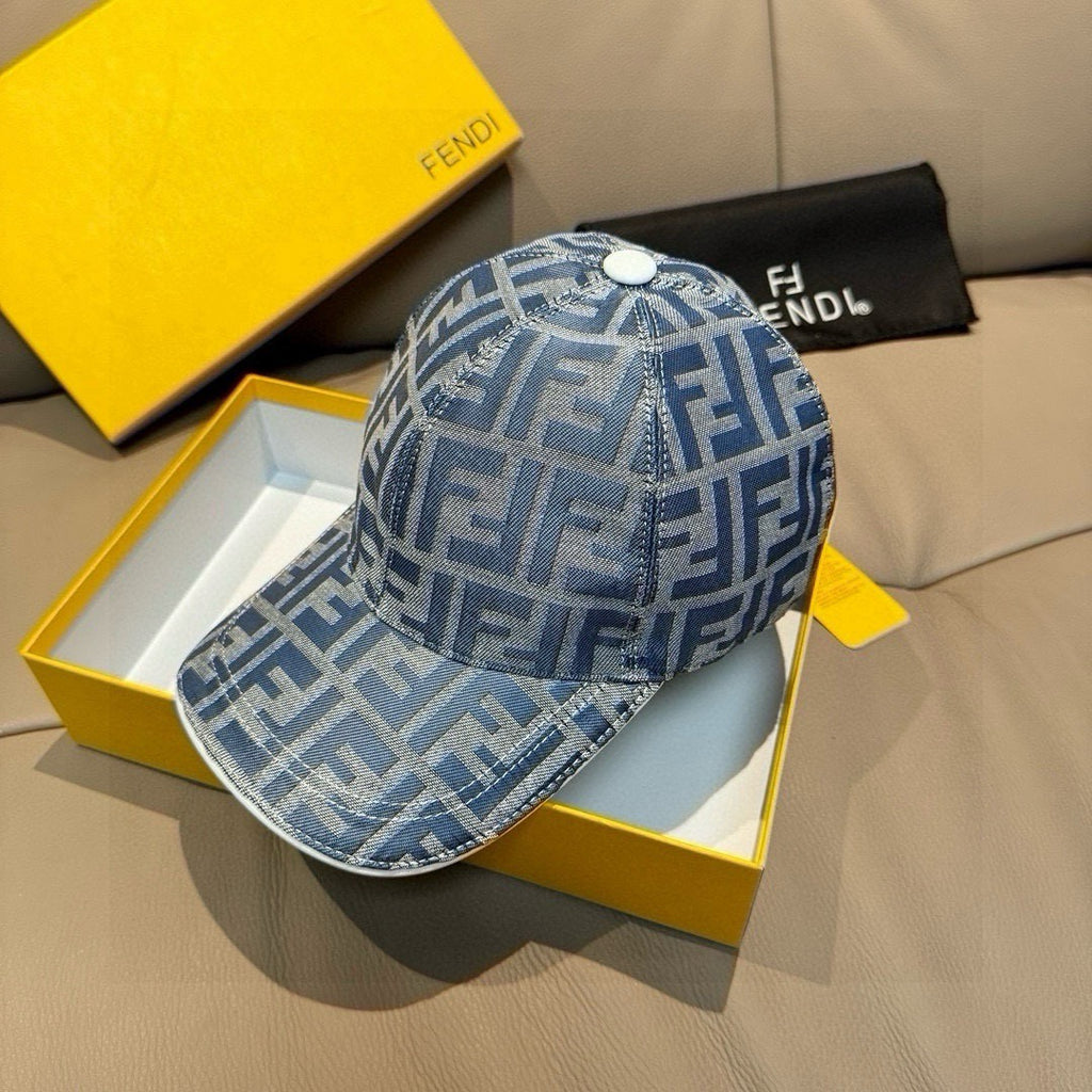 Blue patterned baseball cap with curved brim and front button