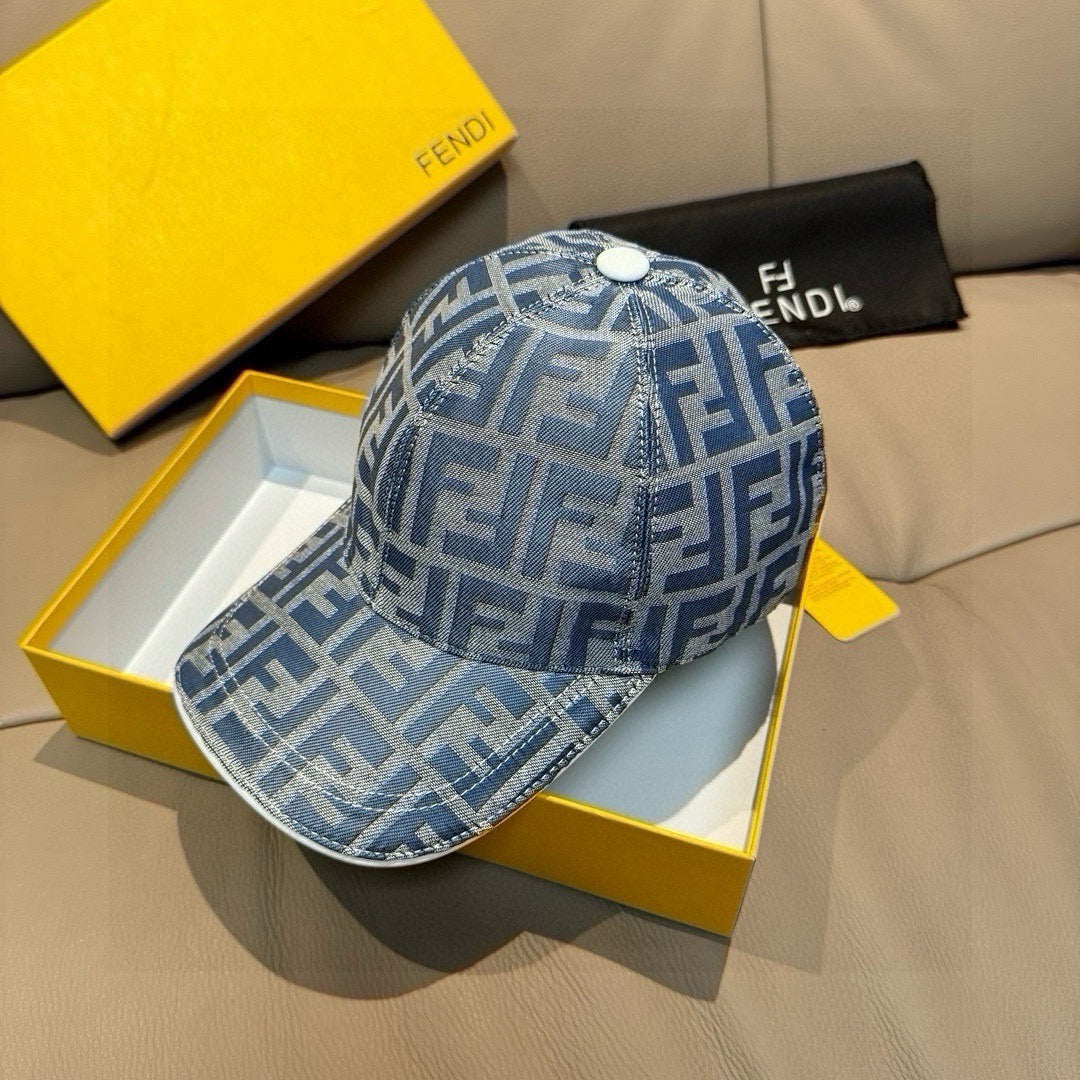 Blue patterned baseball cap with curved brim and front button