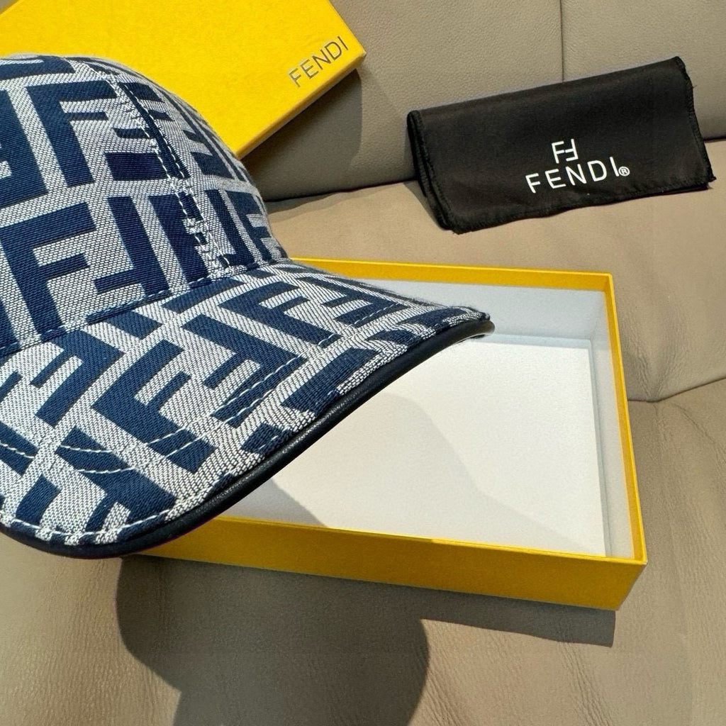 Fendi cap brim with blue FF monogram pattern, angled view