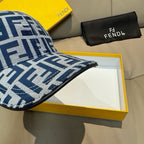 Fendi cap brim with blue FF monogram pattern, angled view