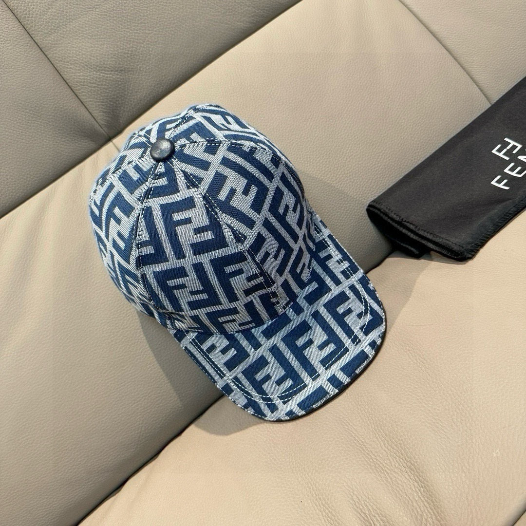 Fendi cap with blue FF monogram pattern and dark button on top