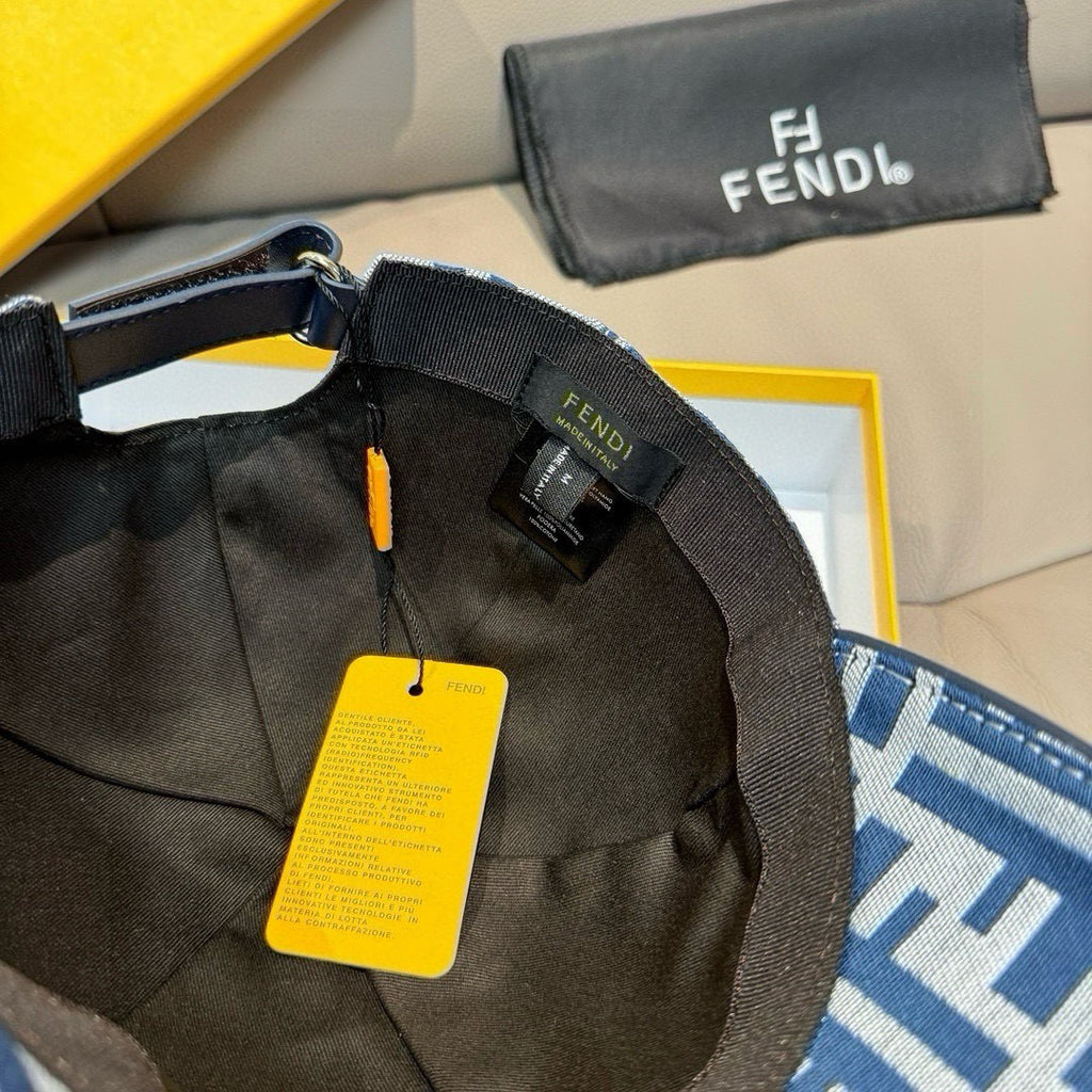 Fendi cap interior with blue FF pattern and dark adjustable strap
