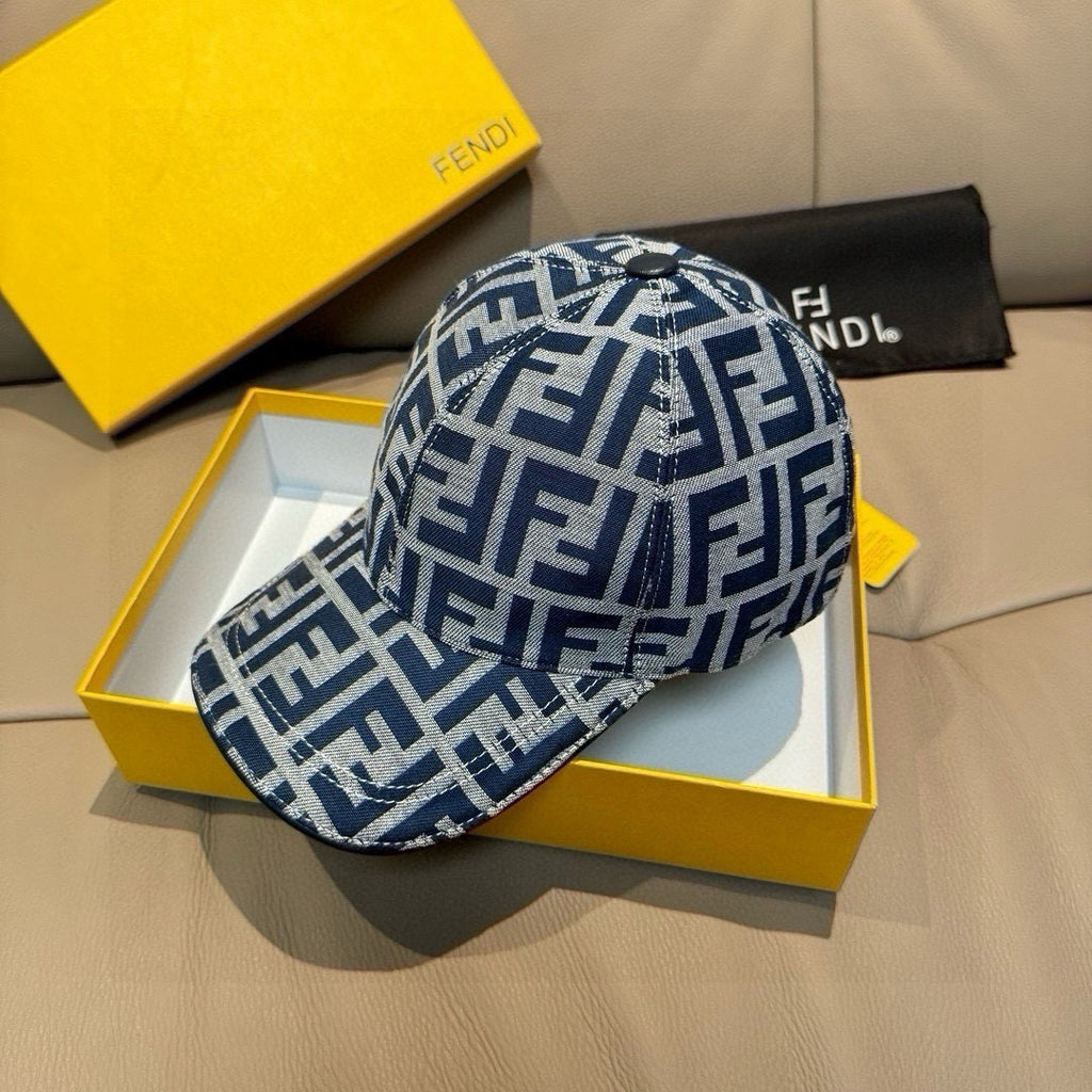 Fendi cap with blue FF monogram pattern, curved brim and side view