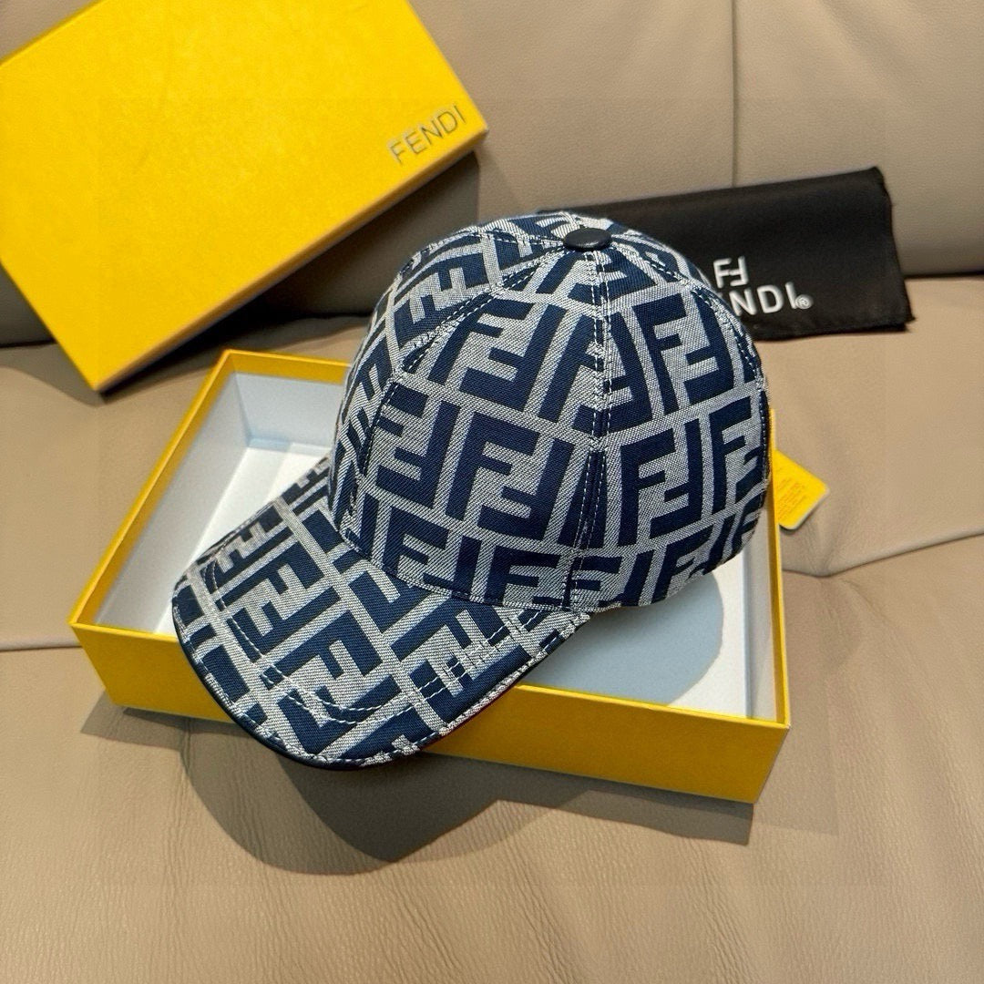 Fendi cap with blue FF monogram pattern, curved brim and side view