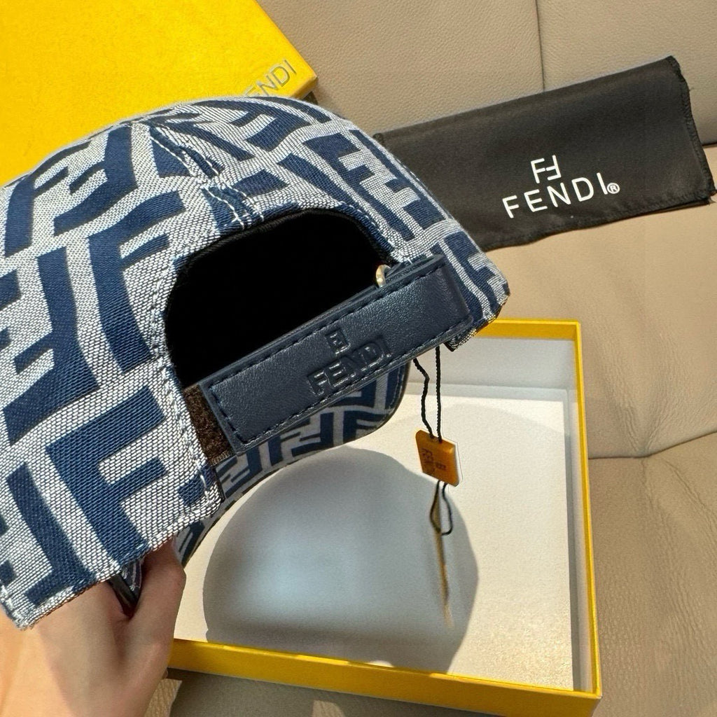 Fendi cap underside with blue FF pattern fabric and dark inner label