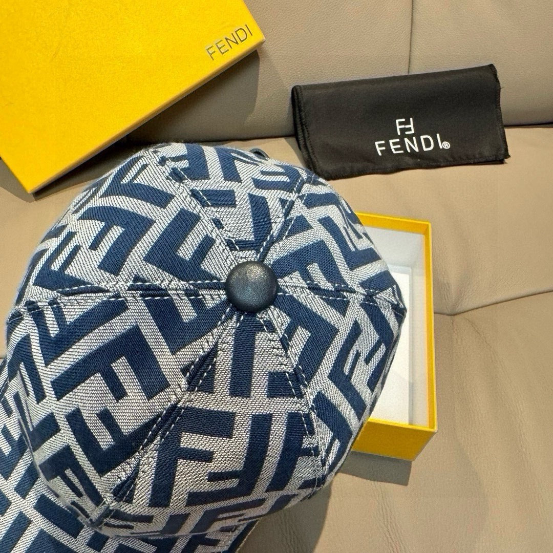 Fendi cap top view with blue FF monogram pattern and round dark button