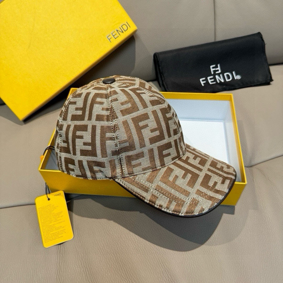 Fendi monogram cap with beige-and-brown FF pattern, curved brim, and hang tag