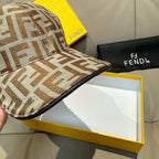 Fendi FF-pattern cap with beige and brown crown and brim, side view