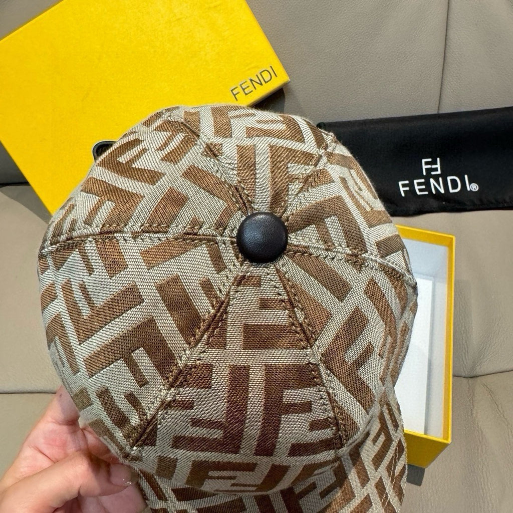 Fendi monogram cap close-up in beige and brown with dark top button