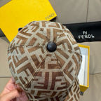 Fendi monogram cap close-up in beige and brown with dark top button