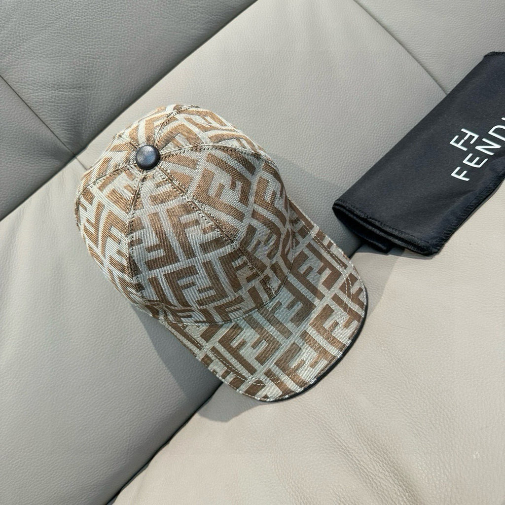 Fendi monogram cap in beige and brown FF pattern with dark button detail