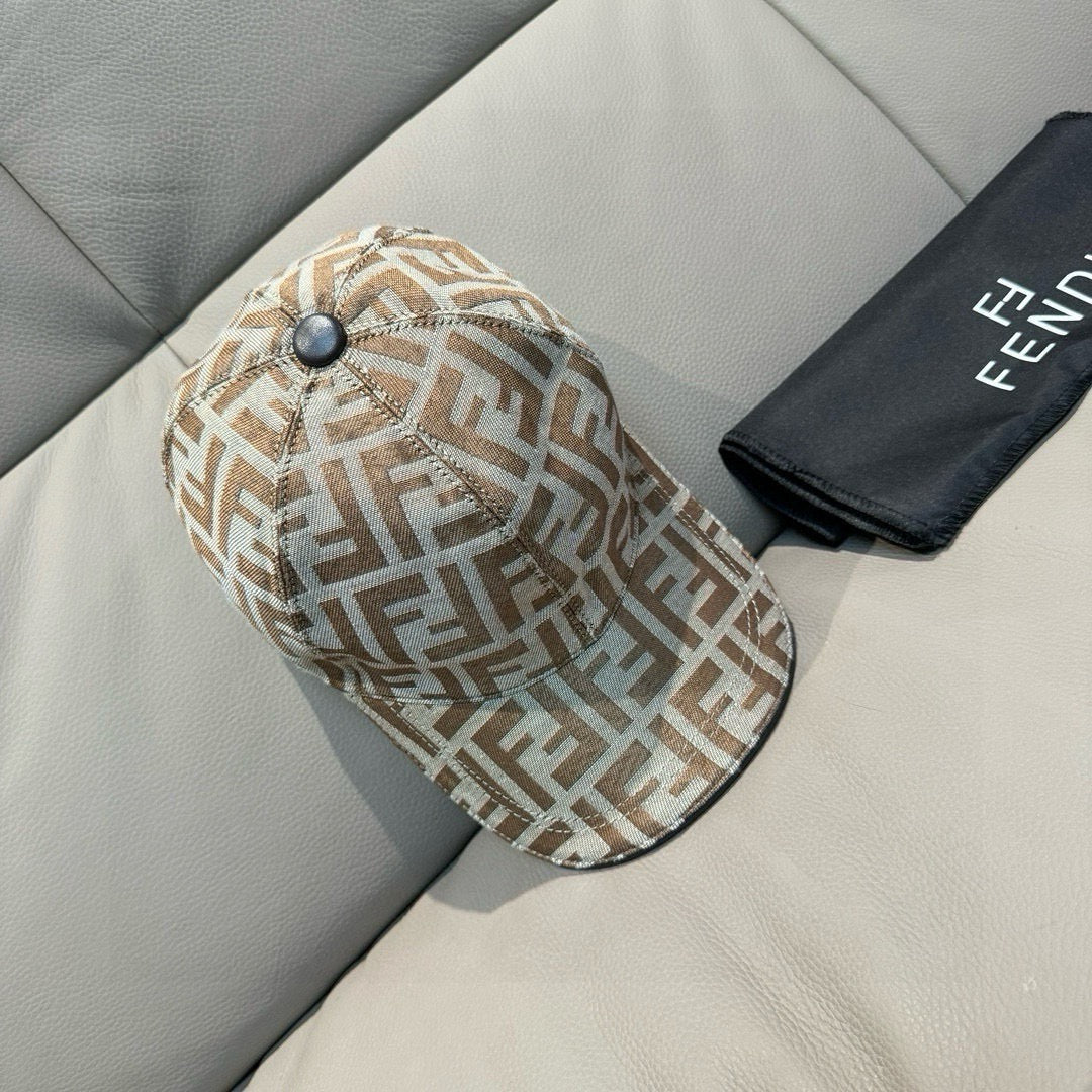 Fendi monogram cap in beige and brown FF pattern with dark button detail
