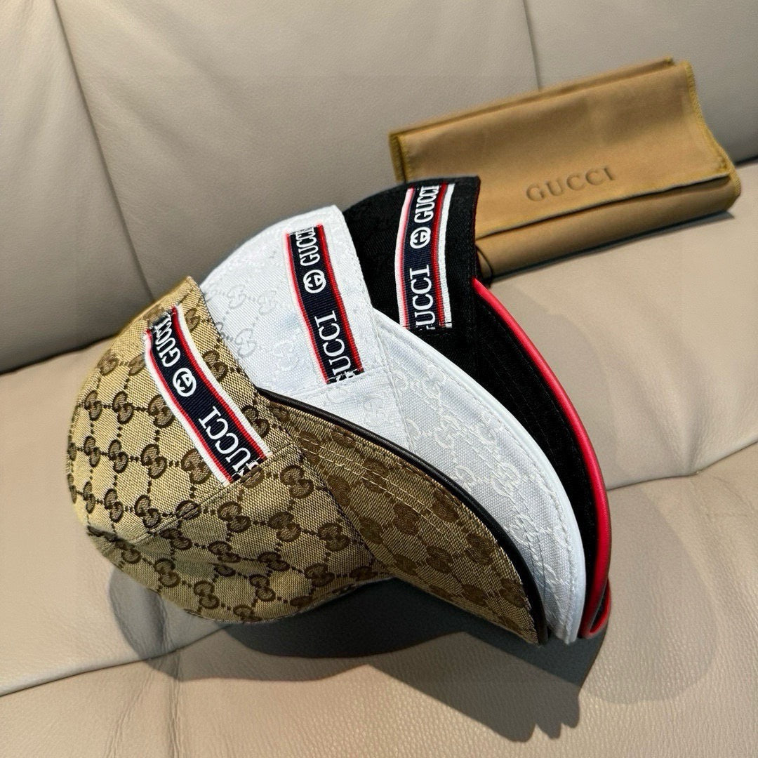 Gucci baseball cap side view with beige GG pattern panel and red-trim edge.