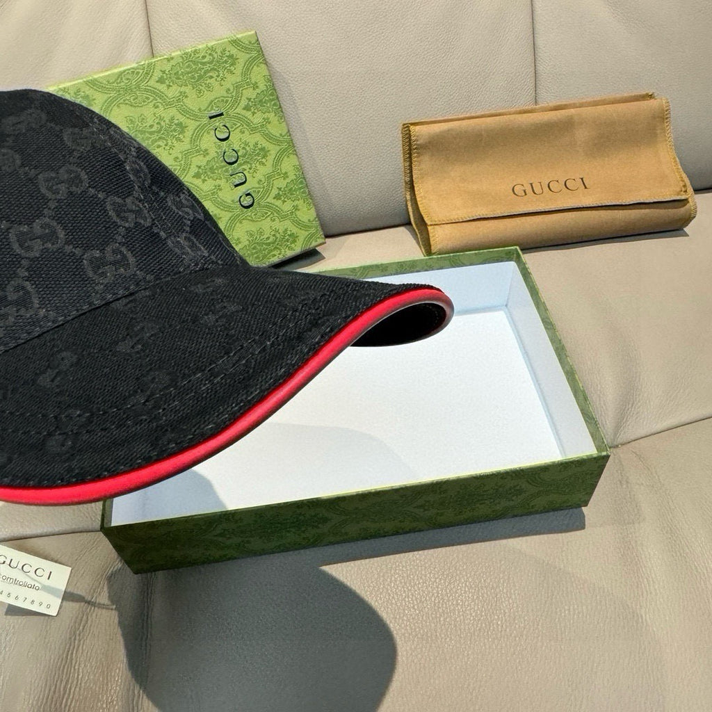 Black Gucci baseball cap side view with red underbrim trim